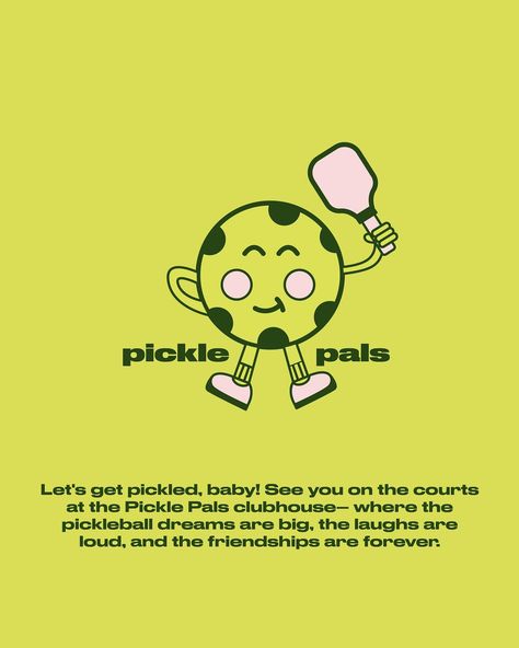 Will you be my Pickle Pal? 🥒 1) Client Profile: It’s me! I’m Sally. I’ve never played Pickleball but would absolutely rep the merch 2) Moodboard: She’s sporty, she’s sunny, she’s bright, she’s friendly. The vibes are excellent at the Pickle Pals clubhouse 💅 3) Colour Palette: Any excuse to pull in a lime green in a colour palette and you bet I’ll do it 🎨 4) Voice: Voice is such an important part in a brand identity. It sets the tone for all marketing copy, merch designs, advertising- you... Pickleball Logo Design, Pickleball Wallpaper, Pickle Ball Aesthetic, Pickle Logo, 3 Colour Palette, Pickle Balls, Marketing Copy, Playful Logo, Client Profile