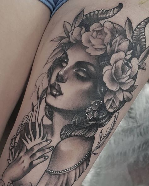 Thigh Piece Tattoos, Capricorn Tattoo, Bull Tattoos, Taurus Tattoos, Goddess Tattoo, Thigh Piece, Pieces Tattoo, Medusa Tattoo, Zodiac Tattoos