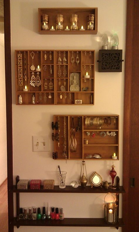 Jewelry Wall Wooden Jewelry Wall Display, Jewellery Wall Storage, Small Space Jewelry Storage, Wall Jewelry Storage, Big Jewelry Organizer, Jewelry Display Home, Jewelry Wall Display Ideas, Aesthetic Jewelry Organizer, Jewelry Display Ideas Home