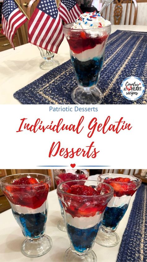 These Individual Gelatin Desserts are super delicious, and a fun food project to make with kids this summer. Filled with strawberry and Berry Blue Jell-O, fresh strawberries and blueberries, and a fluffy marshmallow whipped topping. #individualgelatindesserts #individualdesserts #patrioticdesserts #jellodesserts #summerdesserts #gelatin #jello #whippedtopping #marshmallowcream #countryatheartrecipes https://countryatheartrecipes.com/2023/06/individual-gelatin-desserts/ Gelatin Desserts, Desserts Summer, Strawberries And Blueberries, Heart Recipes, Food Project, Patriotic Desserts, Gelatin Dessert, Jello Desserts, Blue Desserts