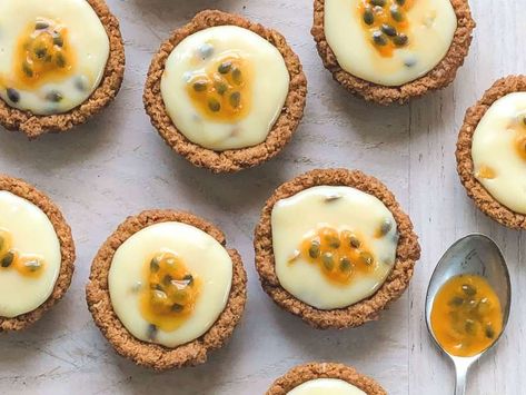 Mini passionfruit condensed milk tarts recipe Recipe - Whisk Marmalade Biscuits, Brie Canapes, Custard Croissant, Jalapeño Dressing, Milk Tarts, Cob Dip, Croissant Pudding, Shortbread Tart, Ginger Marmalade