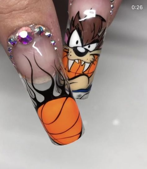 Basketball Nail Designs, Basketball Nails, Nail Tricks, Nail Art Designs 2023, Cartoon Nail Designs, Character Nails, Disney Acrylic Nails, Nail Art Halloween, Gel Nail Art Designs