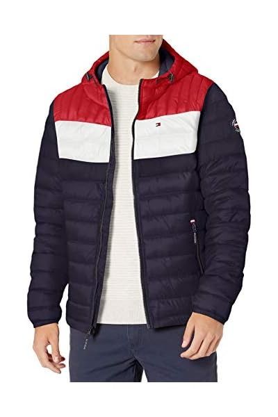 Winter Essentials from Calvin Klein, Levi's and More Tommy Hilfiger Puffer Jacket, Loft Insulation, Tommy Hilfiger Store, Puffer Jacket Men, Water Resistant Jacket, Hooded Puffer Jacket, Flag Embroidery, Packable Jacket, Red Flag