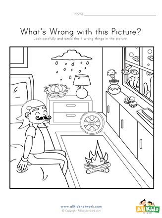 What's Wrong with the Picture - Bedroom | All Kids Network What's Wrong With The Picture, Logical Thinking Activities For Kids, Esl Kindergarten, Find The Difference Pictures, Bear Pancakes, Mittens Template, Picture Bedroom, Summer Kindergarten, Labeling Activities