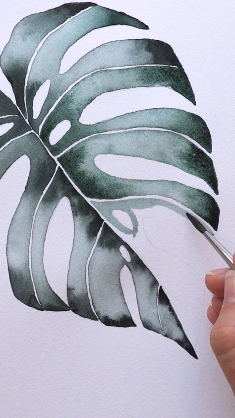 Watercolor Monstera Leaf, Monstera Plant Watercolor, Monstera Watercolor Painting, How To Draw Monstera Leaf, How To Paint A Leaf, Watercolor Plant Paintings, Cool Watercolor Ideas Easy, Go Green Drawing, How To Use Watercolor Paint