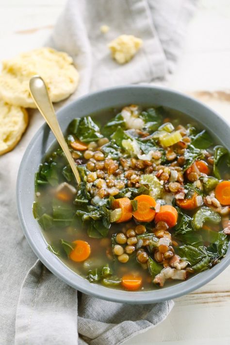 Made with bacon, hearty french lentils, and collard greens this soup is the perfect hearty, healthy, and warming dinner. Meal With Collard Greens, Collard Green Vegan Recipes, Healthy Collard Greens, Lentil Soup With Collard Greens, Collard Greens Vegan Recipe, Homemade Lentil Soup, Collard Green Soup, Dutch Oven Soup, French Green Lentils