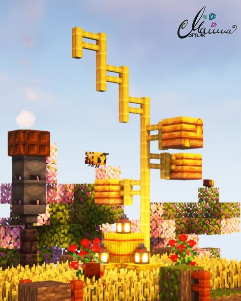 Picture from Minecraft. Bees and bee hives on top of a building with wheat on the roof Bee Sanctuary Minecraft Build, Beehive Minecraft Ideas, Bee Hive Minecraft, Minecraft Bee House, Minecraft Bee, Top Of A Building, Minecraft Decoration, Mc Builds, Cute Bees