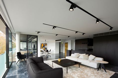 Yves Boutique Apartment Building by Jaa Studio Track Lights Living Room, Track Lighting Living Room, Minimalist Apartment Interior, Black Track Lighting, Boutique Apartment, Modern Bathroom Lighting, Ceiling Lights Living Room, Living Room Ceiling, Minimalist Interior Design