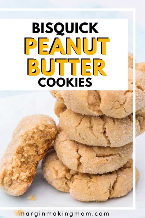 These easy, eggless peanut butter cookies are made with Bisquick baking mix, so they're a cinch to whip up! Soft and chewy and coated with sparkling sugar, they're a simple yet delicious treat! Bisquick Peanut Butter Blossoms, Baking Mix Cookies, Bisquick Chocolate Chip Cookies Recipes, Cookies Made With Bisquick, Bisquick Peanut Butter Cookies, Bisquick Sweets, Bisquick Desserts Easy, Biscuit Mix Recipe Ideas, Bisquick Cookie Recipes