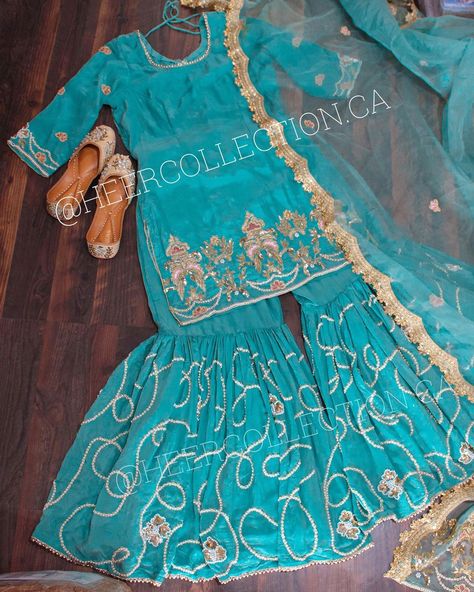 Heer Collection by Aman Gill on Instagram: “Firozi hand embroidered gharara suit How to order/ inquiries: DM, text or email us. Customization: this piece can be made in any color,…” Heer Collection Suits, Heer Collection, Suit Designs Indian Style, Gharara Suits, Boutique Dress Designs, Boutique Dress, Suit Designs, Punjabi Suits, Indian Style