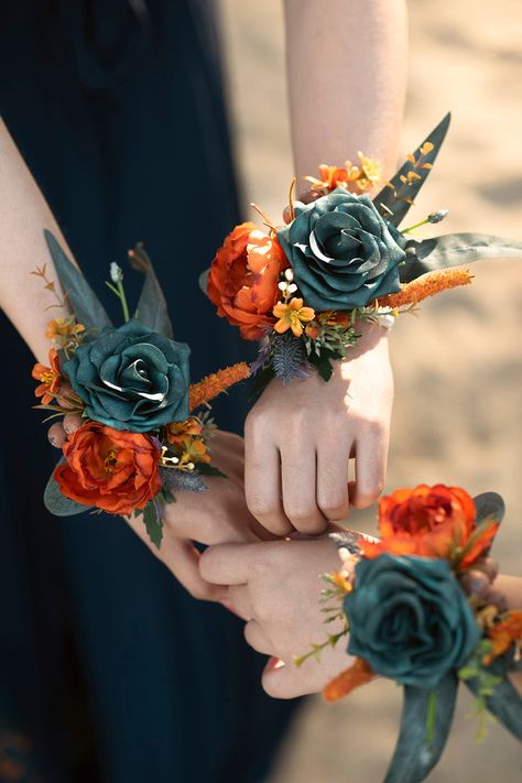 Southwestern Wedding Bouquet, Dark Teal And Burnt Orange Wedding Bridesmaid Dresses, Dark Teal And Rust Orange Wedding Centerpieces, Dark Teal And Burnt Orange Wedding, Dark Teal And Rust Orange Wedding, Teal Corsage, Teal And Orange Wedding, Teal Fall Wedding, Teal Orange Weddings