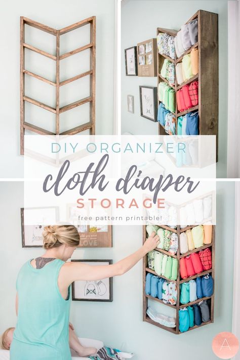 Do you need a storage idea for your little one’s cloth diapers? Don’t hide those cute designs away - display them in this super trendy hanging cloth diaper DIY organizer! Hang it on the wall, then use it as a multi-purpose shelf once your little one is potty trained. Learn how to make it yourself - just click for the free pattern! #clothdiapers #babynursery #nurserydesign #homestorage #organized #diykids Cloth Diaper Organization, Cloth Diaper Storage, Diy Cloth Diapers, Diaper Storage, Diy Organizer, Diaper Organization, Storage Idea, Diy Bebe, Cloth Nappies