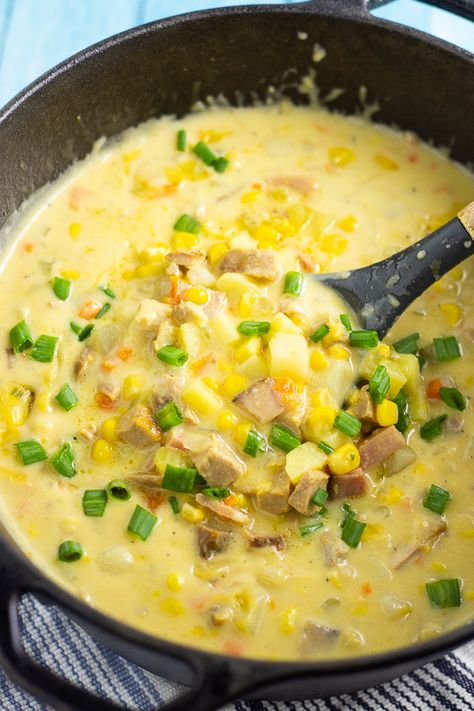 Cheesy Ham and Corn Chowder combines classic ham and cheese, with hearty potatoes and sweet corn into a warm and creamy chowder that is perfect for cold days. Ham Recipes Soup, Leftover Ham Recipes Soup, Soup Corn Chowder, Ham And Corn Chowder, Ham Chowder, Corn Chowder Soup, Potato Corn Chowder, Creamy Soup Recipes, Cheesy Ham