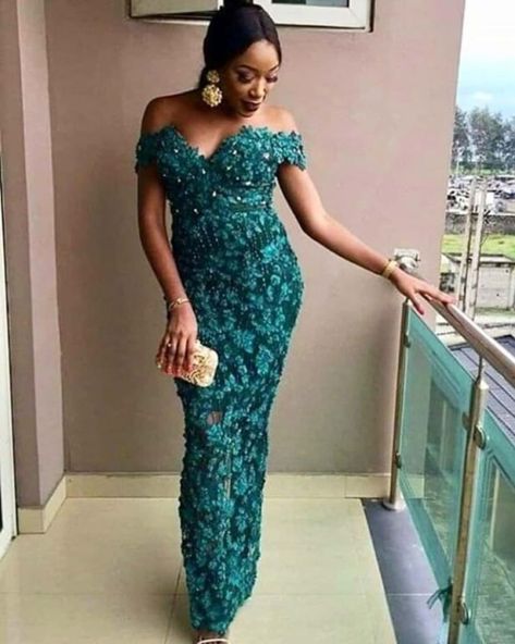 Sugar Lace Dress Styles, Off Shoulder Lace Dress, Sugar Lace, Latest Aso Ebi Styles, African Lace Styles, Lace Gown Styles, African Dresses Modern, Dinner Dress Classy, Lace Dress Styles