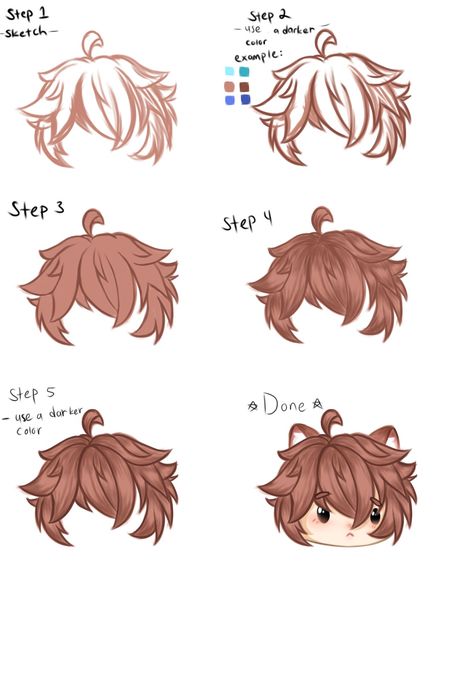 Chibi Hair Coloring Tutorial, Chibi Hair Color, Hair On Procreate, Boy Hair Drawing, Chibi Hair, Art Tutor, Draw Hair, Character Artist, Queen Aesthetic