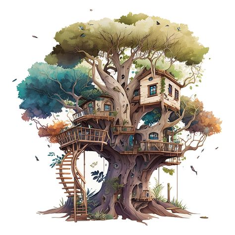 Decorate Tall Walls, Fantasy Treehouse, Tree House Drawing, Fantasy Tree, Tree House Designs, House Illustration, Wall Art Design, Vintage Tree, House Drawing