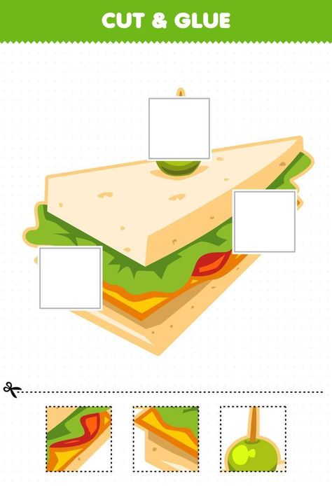 Education game for children cut and glue cut parts of cute cartoon food sandwich and glue them printable worksheet Cute Cartoon Food, Cartoon Food, Cut And Glue, Game For Children, Cut And Paste, Printable Worksheets, Games For Kids, Cute Cartoon, Sandwiches