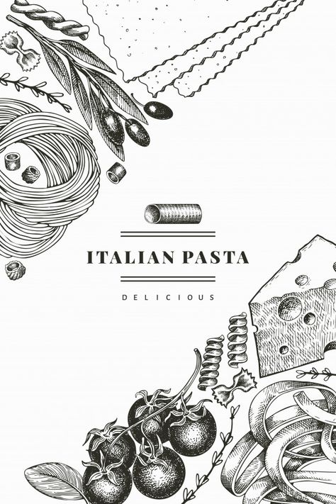 Food Vintage Illustration, Vintage Illustration Style, Hand Drawn Food Illustration, Pasta Menu Design Ideas, Italian Menu Design Ideas, Pasta Drawing Illustration, Vintage Food Illustration, Pasta Menu Design, Italian Food Menu Design