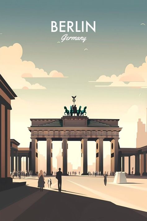 German Poster Design, Berlin Illustration, Germany Poster, City Posters, Berlin Art, Travel Poster Design, Brandenburg Gate, Travel Globe, Retro Travel Poster