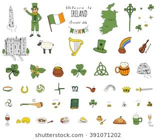 Hand drawn doodle Ireland set Vector illustration Sketchy Irish traditional food icons Republic of Ireland elements Flag Map Celtic Cross Knot Castle Leprechaun Shamrock Harp Pot of gold Travel icons Ireland Drawing Ideas, Equality Mural, Irish Drawings, Ireland Symbols, Ireland Tattoo Ideas, Ireland Drawing, Irish Illustration, Ireland Tattoo, Irish Doodle