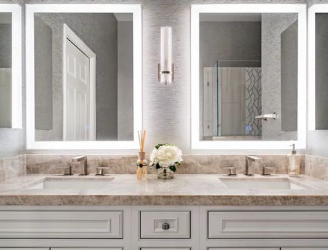 Light Up Mirror Vanity Master Bath, Led Light Vanity Mirror, Lights Between Mirrors Bathroom, Bathroom Vanities With Mirrors And Lights, Double Vanity Lighting With Led Mirror, Bathroom Vanity Lighted Mirrors, Master Bath Lighted Mirror, Mirror And Sconces Bathroom, Large Lighted Vanity Mirror