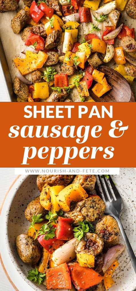 Juicy chicken sausage, sweet shallots, and a simple dash of Italian seasoning makes this Sheet Pan Sausage and Peppers a quick, healthy, flavorful dinner. Try serving with hoagie rolls or over couscous or your favorite greens. Chicken Sausage And Peppers, Sheet Pan Sausage And Peppers, Herbed Couscous, Sausage Sheet Pan, Sheet Pan Sausage, Pan Sausage, Flavorful Dinner, Sheet Pan Chicken, Sheet Pan Suppers