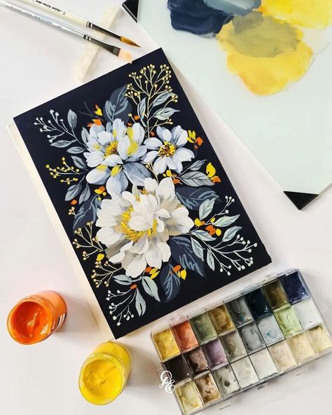 Calligrafikas | Gouache art, Diy art painting, Painting art projects Gouche Flower Painting, Gouache On Black Paper, Flower Abstract Illustration, Flower Painting Gouache, Gouache Flower Painting, Gouache Florals, Beginners Canvas Painting, Gouache Flowers, Canvas Painting For Beginners