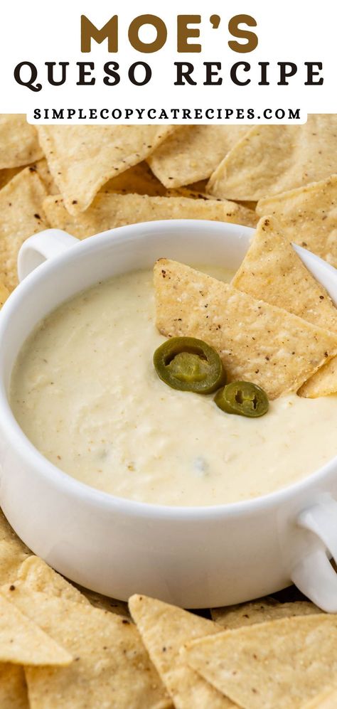 This Moe's Queso recipe is a creamy and flavorful blend of melted cheeses, spices, and peppers, creating a savory queso that's both versatile and irresistible. Whether used for dipping, topping or enjoyed on its own, it's a delicious Tex-Mex favorite that adds the perfect touch to any meal. Copycat Moes Queso, Recipe For Queso Dip, Top Dip Recipes, Tex Mex Queso Recipe, Qdoba Queso Recipe, Moes Queso, Moes Queso Recipe, Grill Queso, American Cheese Recipes