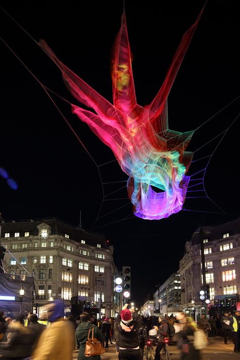 Janet Echelman Suspends Net Sculpture Over London's Oxford Circus,1.8 London, Janet Echelman, Lumiere London 2016, produced by Artichoke, supported by the Mayor of London. Image © Ema Peter Net Sculpture, Janet Echelman, Speculative Design, Oxford Circus, Virtual Reality Technology, Art People, Art Installations, Stonehenge, Giza