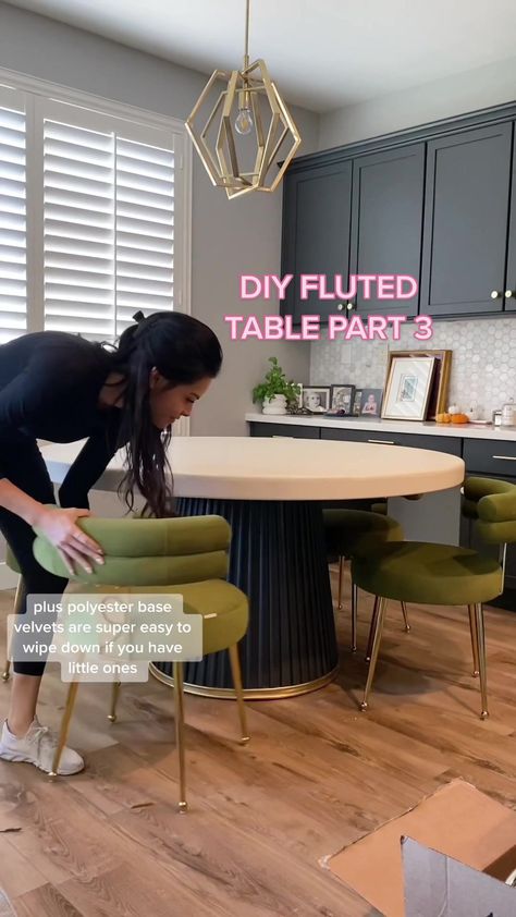 Upcycle this dining table into a contemporary DIY fluted table with me... | TikTok Fluted Kitchen Table, Bubble Leg Dining Table, Fluted Entry Table, Diy Table Pedestal Base, Diy Round Pedestal Dining Table, Diy Oval Table, Diy Pedestal Dining Table, Diy Fluted Dining Table, Diy Dining Table Top