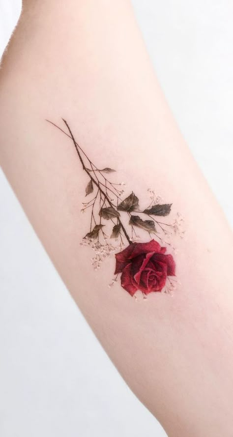 Baby Breath Tattoo, Coloured Rose Tattoo, Rose Vine Tattoos, Watercolor Rose Tattoos, Rose Tattoos For Women, Petit Tattoo, Blue Rose Tattoos, Tattoo Shading, Minimal Tattoo Design