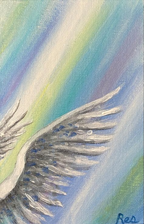 Paintings For Passed Loved Ones, Memory Painting Ideas, Paintings For Lost Loved Ones, Memorial Painting Ideas Canvases, Acrylic Angel Painting Easy, Memorial Paintings For Loved Ones, Memorial Painting Ideas, Angel Wings Painting Acrylic, Biblical Rainbow