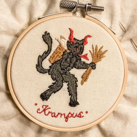 The perfect project for stitchers who love something a little creepy, spooky, and strange around the holidays. This 3-pattern bundle contains embroidery patterns for Krampus, the Welsh hobby horse Mari Lwyd, and the witchy Germanic monster Frau Perchta. Patterns also come with the history behind each figure! Stitch the piece for a friend or for yourself this holiday season. (And don’t forget to make sure you’re on the Nice List.) Creepy Embroidery Patterns, Cryptid Embroidery, Creepy Embroidery, Weird Embroidery, Satanic Christmas, Horror Embroidery, Mari Lwyd, Krampus Christmas, Holiday Embroidery