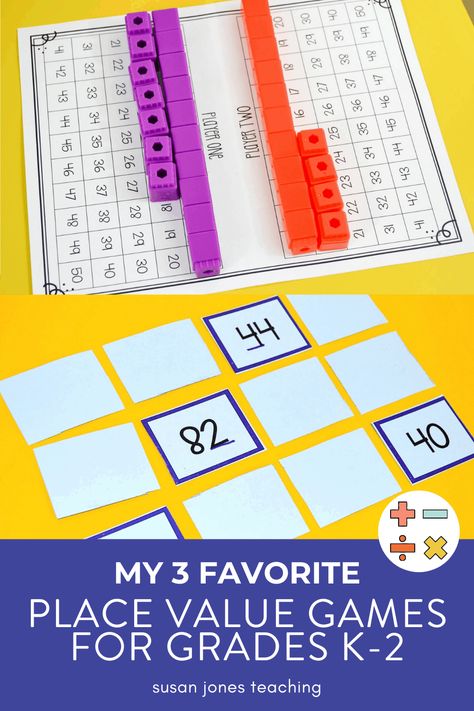 These place value games and activities and are so much fun to use with your first grade and second grade students! Head on over to the blog post to see how to play each game! Place Value Games 1st Grade, Place Value Games 2nd Grade, Teach Place Value, Sped Resources, Place Value Game, Place Value Games, Math Enrichment, Maths Ideas, Math Place Value