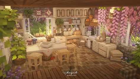 Minecraft Wisteria House, Minecraft Fairy Kitchen, Cottagecore Minecraft Kitchen, Cute Kitchen Minecraft, Minecraft Lavender, Cute Minecraft Kitchen, Minecraft Cottagecore Interior, Minecraft Dining Room, Farmhouse Minecraft