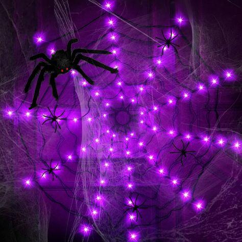 Perfect addition to Halloween Decor! Halloween Lights Outdoor, Spider Web Lights, Outdoor Window Decor, Halloween Lighting Outdoor, Glow Party Supplies, Halloween Lights Decorations, Spider Web Decoration, Spider Light, Halloween Spider Decorations