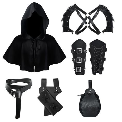 PRICES MAY VARY. Medieval Costume Accessories Set : you will get 6 pcs of Renaissance accessories, including 1 piece of viking Double Shoulder Armor, 1 piece of Black Cape, 1 pair of medieval bracers, 1 piece of medieval leather belt, 1 piece of belt pouch and 1 piece of Retro Sword Frog, enough medieval accessories to meet your needs for matching and decorating knight sets. Shrug design: The shrug adopts a Double-shoulder design. There is an adjustable long strap around the shrug to fix the bod Renfest Jewelry, Knight Attire, Ren Fair Accessories, Fairy Armor, Knight Accessories, Knight Jewelry, Shrug Design, Medieval Knight Costume, Costume Chevalier