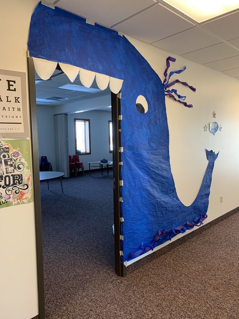 Jonah and the Whale door decor Whale Decorations For Classroom, Jonah And The Whale Decorations For Vbs, Whale Door Decoration, Jonah And The Whale Decorations, Jonah And The Whale Vbs, Jonah Vbs, School Room Decor, Sunday School Room Decor, Vbs Ocean Theme