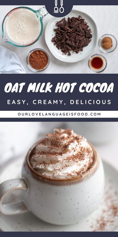 This homemade oat milk hot chocolate recipe is easy, quick, and makes a creamy and decadent mug of hot cocoa. While it’s completely delicious on it’s own, top your oat milk hot chocolate with whipped cream or marshmallows for a truly special treat. SAVE this recipe to enjoy as soon as possible! #hotchocolate #hotcocoa #oatmilk #oatmilkhotchocolate Oat Milk Hot Chocolate, Hot Chocolate With Whipped Cream, Dairy Free Whipped Topping, Homemade Oat Milk, Sugar Free Hot Chocolate, Dairy Free Hot Chocolate, 2024 Meals, Hot Chocolate Recipe Homemade, Completely Delicious