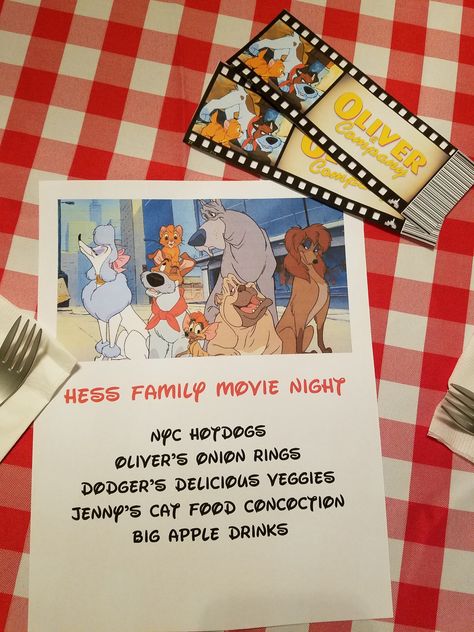 Oliver and Company movie night Disney Dinner And Movie Night Inside Out, Oliver And Company Movie Night, Disney Movie Night Menu Peter Pan, Oliver And Company Dinner And A Movie, Movie Night Disney, Disney Dinner And Movie Night, Dinner And A Movie Menu Disney Family, Disney Dinner And Movie Night Cards, Movie Treats