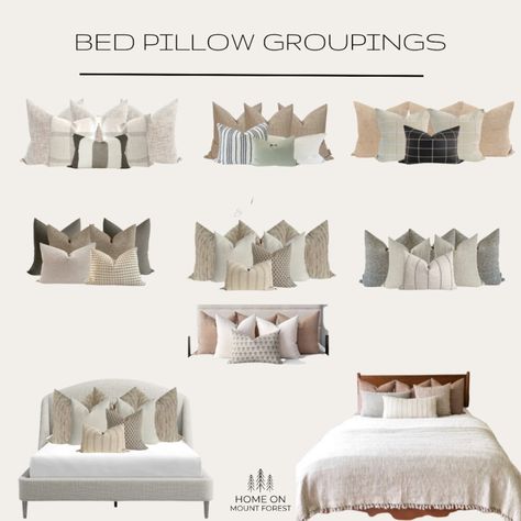 Neutral Bed Pillow Ideas, Tan Pillows On Bed, King Bed Pillow Arrangement Neutral, Grey Bed Taupe Bedding, Earth Tone Pillow Combination, Whiteand Taupe And Grey Bedding, Bed Accent Pillows, Cream And White Bedroom, Taupe Bedding