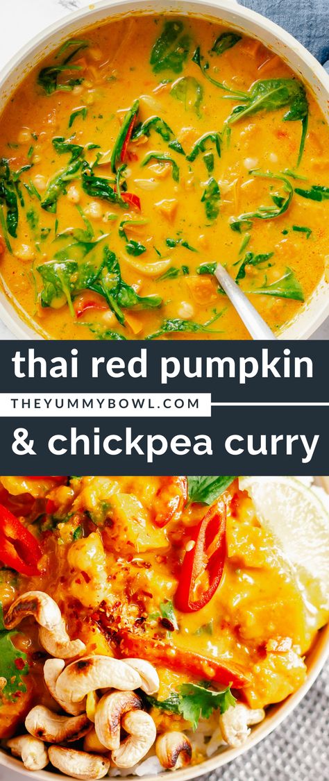 A simple 30-minute vegetable curry that is loaded with pumpkin, Thai flavors, spinach, chickpea, and peppers. You’ll love how fragrant, nutritious and spicy this Thai Red Curry Pumpkin is! Thai Coconut Curry Vegetarian, Pumpkin Thai Curry, Pumpkin Curry Thai, Red Thai Curry Vegetarian, Thai Recipes Vegetarian, Red Curry Vegetables, Thai Curry Recipes Vegetarian, Vegan Pumpkin Curry, Coconut Curry Vegetarian