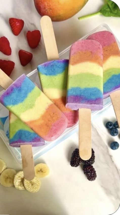 Dye Free Rainbow Popsicles! Kid Friendly Summer Desserts, Healthy Fudgesicles, Banana Almond Muffins, Cranberry Dip, Rainbow Popsicles, Almond Muffins, Avocado Chocolate Pudding, Blue Spirulina, Chocolate Chip Cookie Cake