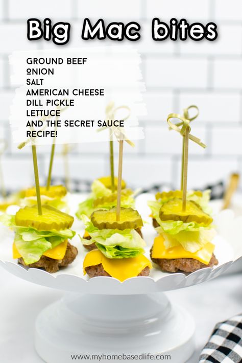 Mini Cheeseburger Appetizers, Cheeseburger Appetizer, Mini Cheeseburger Sliders, Big Mac Bites, Mac Bites, Secret Sauce Recipe, Mini Cheeseburger, Burger Bites, Cheeseburger Sliders