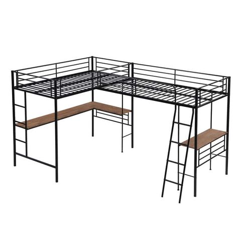 Twin Size L-Shaped Metal Loft Bed with Two Built-in Desks and Ladder , Black - Bed Bath & Beyond - 39823832 Wooden Desks, Corner Loft, Attic Bed, Metal Loft Bed, Bed Wooden, Loft Bed Frame, Loft Bunk Beds, Twin Size Loft Bed, Industrial Aesthetic