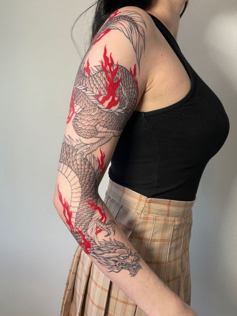 Dragon tattoo Liminal Tattoo, Dragon Sleeve Tattoo Women, Wrap Around Dragon Tattoo, Dragon Half Sleeve Tattoo, Dragon Tattoo Around Arm, Asian Tattoos For Women, Dragon Tattoo Wrist, Dragon Tattoo Wrapped Around Arm, Dragon Yin Yang Tattoo