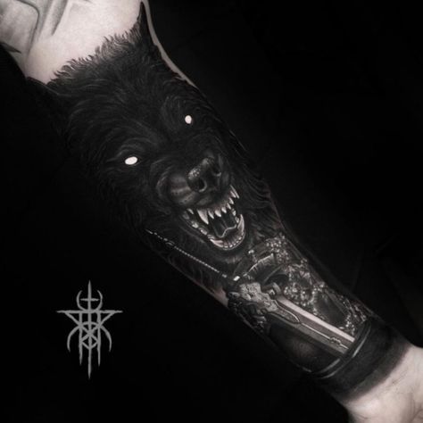 Wolf Sleeve Tattoos For Guys, Enchanted Tattoo, Wolf Tattoo Forearm, Forearm Cover Up Tattoos, Cover Up Tattoos For Men, Werewolf Tattoo, Wolf Sleeve, Arm Tattoos For Guys Forearm, Tattoo Linework