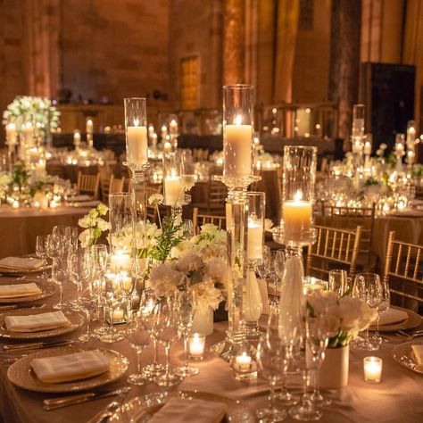 Bardin Palomo Event Design | Bring the “Wow” to dinner with non-color color and TONS of candlelight. Cipriani’s 42nd Street, Manhattan. | Instagram Wedding Theme Color Schemes, Wedding Candles Table, Candle Lit Wedding, Elegant Wedding Themes, Dream Wedding Reception, Table Arrangements Wedding, Manhattan Wedding, Classic Wedding Decorations, Dream Wedding Decorations