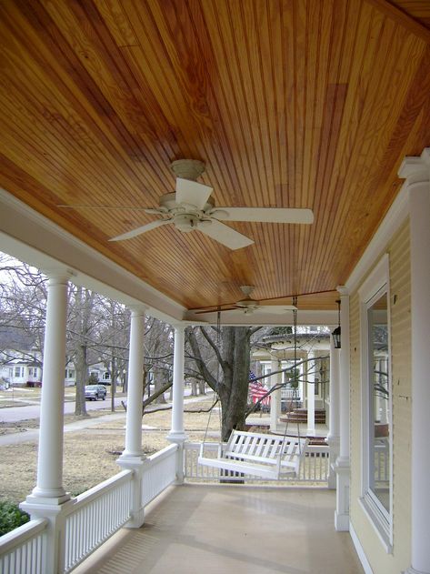 Tongue & Groove Porch Ceiling Tongue And Groove Porch, Patio Ceiling Ideas, Wooden Ceiling Design, Dining Room Renovation, Victorian Porch, Tongue And Groove Ceiling, Cottage Porch, House Front Porch, Terrazzo Design