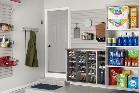 LIJ Spaces — Life in Jeneral Shoe Shelf In Garage, Garage Shoe Locker, Shoe Organization Laundry Room, Garage Mud Room Shoe Storage, Shoe Shelf Garage, Garage Shoe Drop, Shoe Garage Organization, Outdoor Shoe Storage Cabinet, Garage Shoe Coat Storage